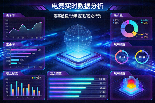 电竞数据分析大屏展示，包含多种图表与实时数据流